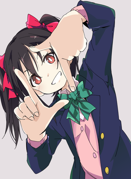 Anime picture 724x984 with love live! school idol project sunrise (studio) love live! yazawa nico ixy single tall image looking at viewer short hair black hair simple background smile red eyes twintails upper body grey background leaning short twintails girl uniform