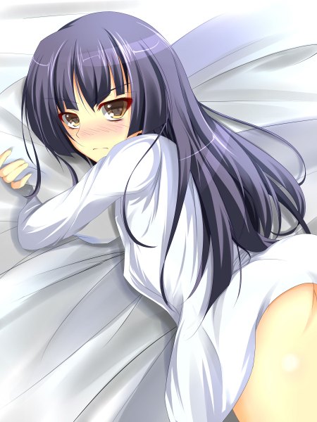 Anime picture 1800x2400 with original nakadadaichi single long hair tall image blush highres light erotic black hair yellow eyes looking back girl shirt pillow