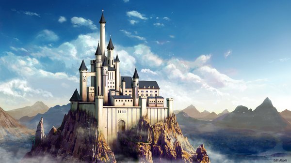 Anime picture 1700x956 with edli (artist) highres wide image sky cloud (clouds) mountain landscape river fog animal water bird (birds) castle