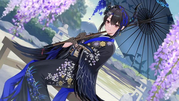 Anime picture 1500x843 with virtual youtuber hololive hololive english nerissa ravencroft nerissa ravencroft (new year) harimoji single fringe short hair black hair smile hair between eyes red eyes wide image outdoors traditional clothes japanese clothes multicolored hair mole official art