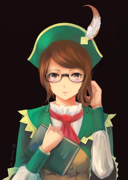 Anime picture 1920x2700 with tagme (character) bzerox single long hair tall image looking at viewer highres simple background brown hair brown eyes girl uniform glasses headdress book (books) feather (feathers)