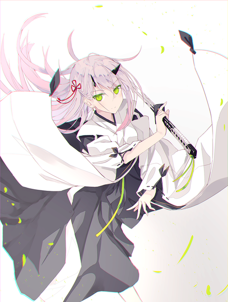 Anime picture 888x1173 with original nagishiro mito single long hair tall image looking at viewer blush fringe simple background hair between eyes white background holding green eyes payot silver hair traditional clothes japanese clothes horn (horns) light smile from above