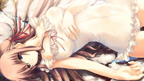 Anime picture 1600x900 with kiss to maou to darjeeling nanase yuuna long hair breasts light erotic brown hair wide image purple eyes game cg wet wet clothes girl swimsuit water