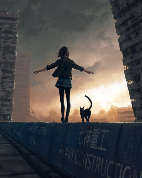 Anime picture 3277x4096 with original guweiz single tall image highres short hair black hair absurdres sky cloud (clouds) full body outdoors pleated skirt wind from behind sunlight realistic text city hieroglyph