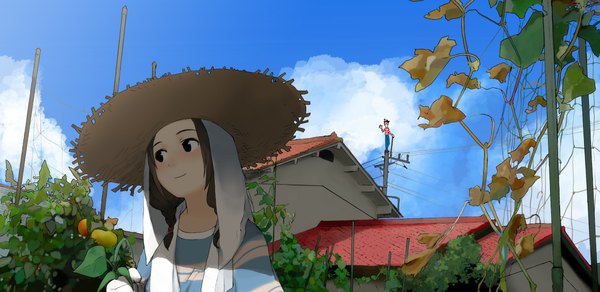Anime picture 1129x550 with morifumi blush short hair brown hair wide image sky cloud (clouds) braid (braids) light smile black eyes twin braids girl plant (plants) hat straw hat house power lines