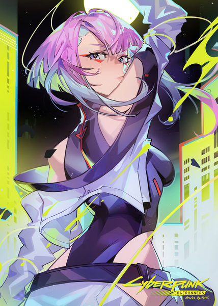 Anime picture 5424x7600 with cyberpunk edgerunners studio trigger lucy (cyberpunk) mato-c single tall image looking at viewer blush fringe highres short hair bare shoulders signed payot blue hair pink hair absurdres upper body ahoge blunt bangs