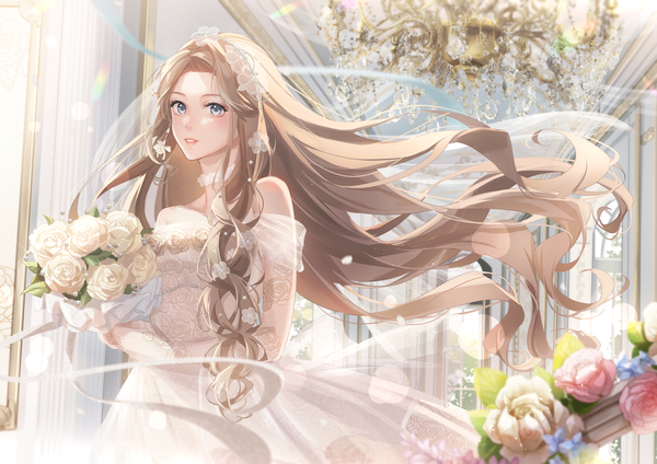 Anime picture 1637x1158 with miracle nikki original nu10040904 single looking at viewer blush blue eyes brown hair standing bare shoulders holding upper body indoors very long hair parted lips hair flower light smile blurry off shoulder sparkle