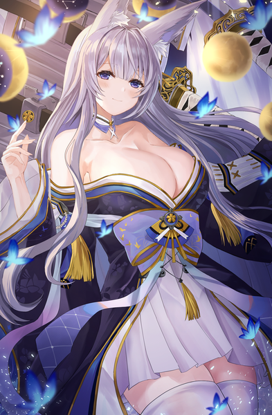 Anime picture 1848x2817 with azur lane shinano (azur lane) minestrone takizawa single long hair tall image looking at viewer blush fringe highres breasts light erotic smile large breasts standing purple eyes bare shoulders animal ears payot cleavage