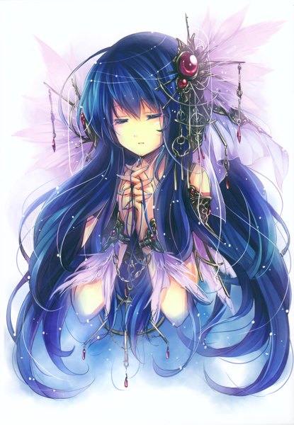 Anime picture 2531x3658 with hagiwara rin single long hair tall image highres simple background white background blue hair eyes closed praying girl hair ornament bracelet headdress jewelry