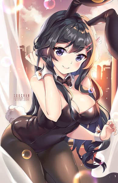 Anime picture 809x1250 with seishun buta yarou cloverworks sakurajima mai squchan single long hair tall image looking at viewer blush fringe breasts light erotic smile hair between eyes large breasts standing purple eyes bare shoulders signed animal ears