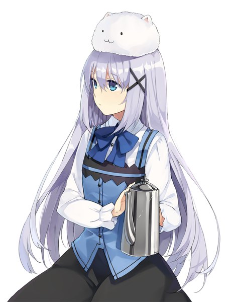 Anime picture 1515x2000 with gochuumon wa usagi desu ka? white fox kafuu chino tippy (gochiusa) hao (patinnko) single long hair tall image blue eyes simple background white background looking away silver hair animal on head girl dress animal x hair ornament teapot rabbit house uniform