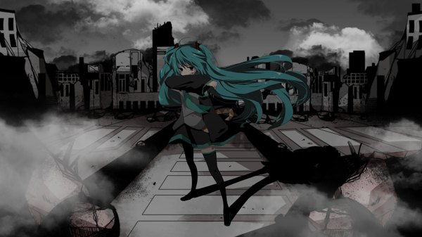 Anime picture 1500x844 with vocaloid hatsune miku marirero a single long hair wide image twintails wind black eyes aqua hair zettai ryouiki monochrome girl thighhighs skirt black thighhighs detached sleeves necktie