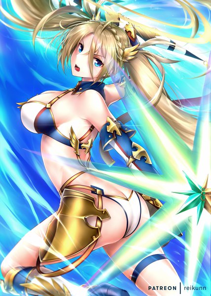 Anime picture 714x1000 with fate (series) fate/grand order bradamante (fate/grand order) rei kun single long hair tall image looking at viewer fringe breasts open mouth blue eyes light erotic blonde hair hair between eyes large breasts twintails bare shoulders holding signed