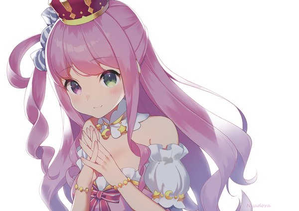Anime picture 3000x2114 with virtual youtuber hololive himemori luna himemori luna (1st costume) nyasunyadoora single long hair looking at viewer blush highres simple background smile white background signed purple hair upper body heterochromia one side up drill hair interlocked fingers