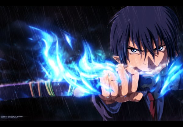 Anime picture 1280x886 with ao no exorcist a-1 pictures okumura rin tremblax single short hair blue eyes black hair cloud (clouds) pointy ears night night sky coloring magic letterboxed rain boy weapon sword necktie