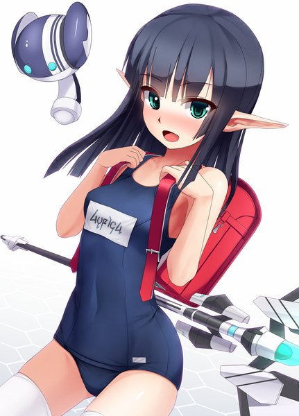 Anime picture 863x1200 with phantasy star phantasy star online sega rupika (pso2) eto single tall image blush open mouth blue eyes light erotic black hair white background pointy ears girl thighhighs swimsuit white thighhighs one-piece swimsuit school swimsuit