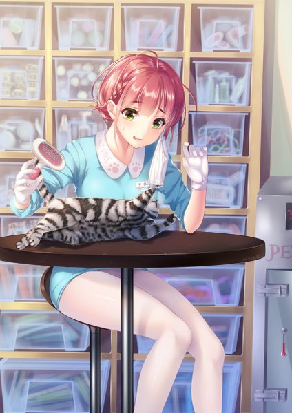 Anime picture 868x1228 with original paint musume single tall image short hair open mouth sitting green eyes pink hair girl gloves animal pantyhose white gloves cat table white pantyhose