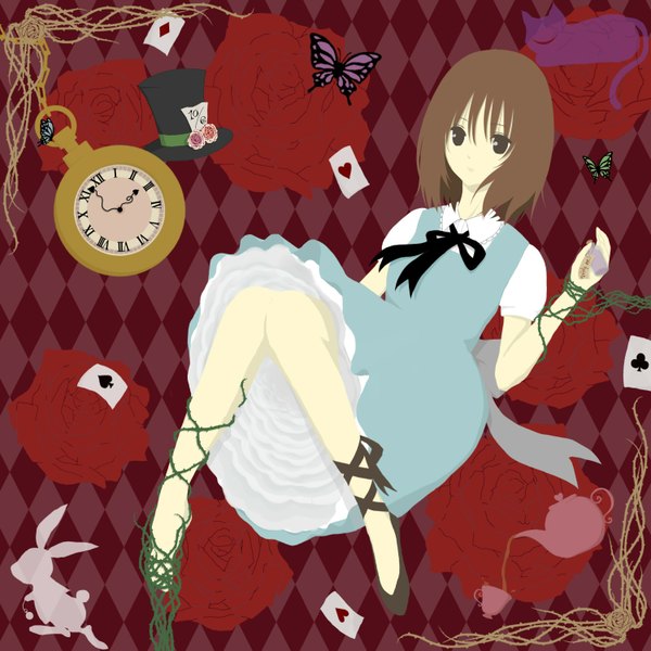 Anime picture 1500x1500 with alice in wonderland alice (wonderland) white rabbit cheshire cat water (artist) brown hair brown eyes rhombus girl flower (flowers) animal rose (roses) insect butterfly cat clock cup bottle bunny card (cards)