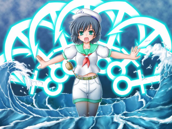 Anime picture 1400x1050 with touhou murasa minamitsu kotowarinari (artist) single short hair open mouth black hair green eyes girl water shorts sailor suit white shorts anchor