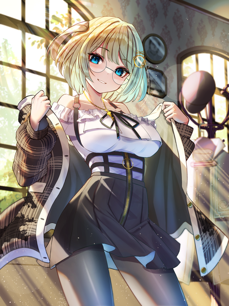 Anime picture 1800x2400 with virtual youtuber hololive hololive english watson amelia inari (ambercrown) single tall image looking at viewer fringe highres short hair breasts blue eyes blonde hair smile blunt bangs parted lips pleated skirt sunlight off shoulder