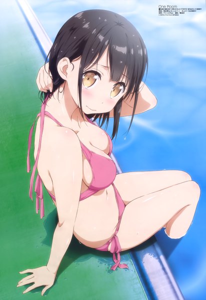 Anime picture 4075x5924 with one room megami magazine hanasaka yui okuda yasuhiro single long hair tall image looking at viewer blush highres breasts light erotic black hair brown eyes absurdres official art looking up girl navel swimsuit