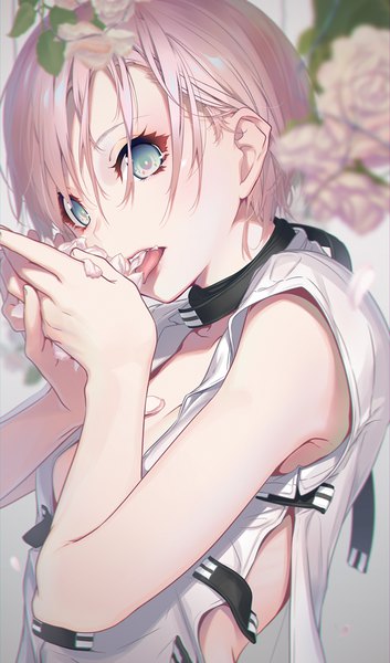 Anime picture 700x1187 with original nilitsu single tall image looking at viewer blush fringe short hair open mouth hair between eyes holding pink hair head tilt aqua eyes short sleeves close-up licking girl flower (flowers) petals
