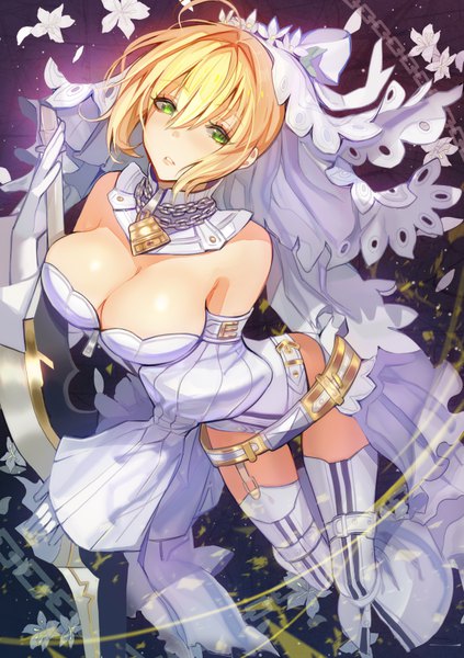 Anime picture 616x873 with fate (series) fate/extra fate/extra ccc nero claudius (fate) (all) nero claudius (fate) nero claudius (bride) (fate) lloule single tall image looking at viewer fringe short hair breasts light erotic blonde hair hair between eyes large breasts standing holding ahoge