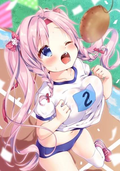 Anime picture 867x1227 with original moe2017 kuune rin single long hair tall image blush open mouth blue eyes light erotic twintails pink hair ahoge braid (braids) one eye closed from above twin braids ;d girl thighhighs