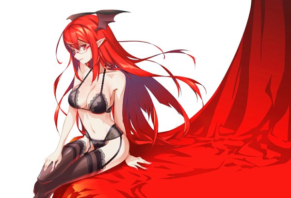 Anime picture 1173x800 with touhou koakuma hong (white spider) single long hair light erotic red eyes white background red hair pointy ears underwear only head wings girl thighhighs underwear panties black thighhighs glasses lingerie bra