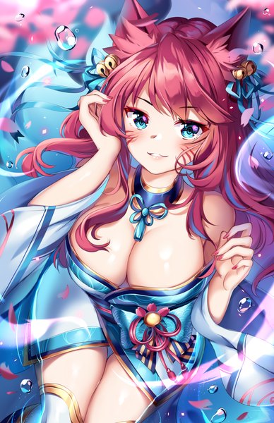 Anime picture 2588x4000 with league of legends ahri (league of legends) spirit blossom ahri squchan single long hair tall image looking at viewer blush fringe highres breasts light erotic smile large breasts bare shoulders red hair nail polish traditional clothes japanese clothes
