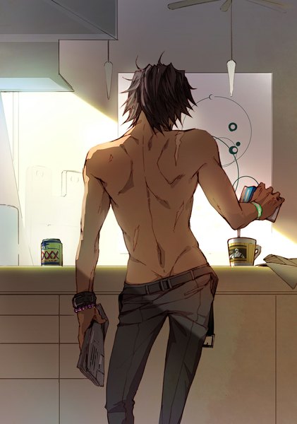 Anime picture 796x1135 with tiger & bunny sunrise (studio) kaburagi t. kotetsu mamita single tall image short hair light erotic brown hair back scar cooking boy bracelet cup picture can milk coffee kitchen