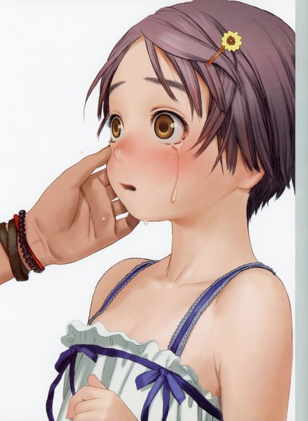 Anime-Bild 5092x6966 mit futurelog (artbook) range murata tall image highres short hair open mouth simple background yellow eyes looking away absurdres purple hair scan sleeveless tears solo focus face surprised hand on another's face scared girl