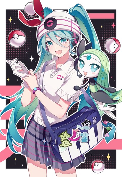 Anime picture 2412x3500 with pokemon vocaloid nintendo project voltage hatsune miku meloetta psychic miku (project voltage) kanvien single long hair tall image fringe highres open mouth hair between eyes standing twintails looking away :d aqua eyes