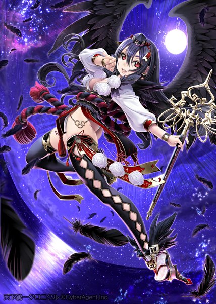 Anime picture 800x1122 with original sumomo kpa single long hair tall image looking at viewer black hair red eyes night girl thighhighs dress black thighhighs hat wings moon feather (feathers) staff