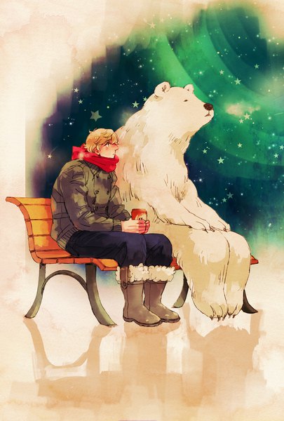 Anime picture 600x888 with axis powers hetalia studio deen russia (hetalia) amari (artist) tall image short hair blonde hair sitting looking away full body profile night grey eyes night sky aurora borealis boy animal jacket scarf star (symbol)