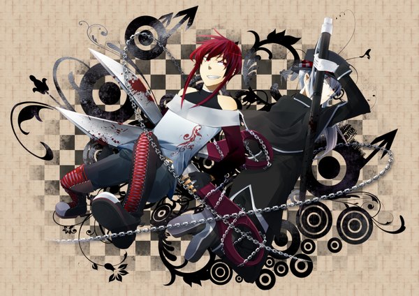 Anime picture 1770x1253 with original nouka yura highres red eyes bare shoulders silver hair red hair back to back checkered background boy gloves fingerless gloves blood pen scissors
