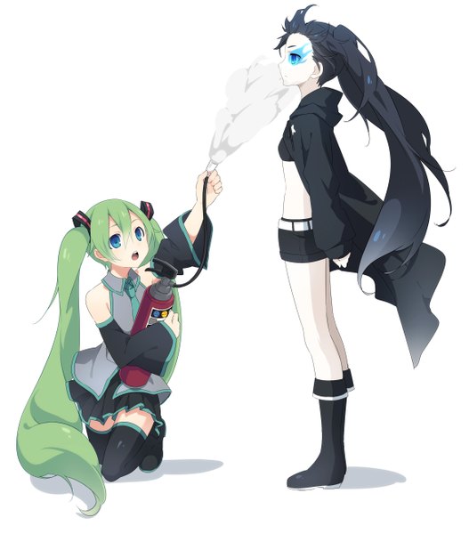 Anime picture 2300x2621 with black rock shooter vocaloid hatsune miku black rock shooter (character) sama (artist) long hair tall image highres open mouth blue eyes black hair simple background white background twintails multiple girls aqua hair glowing glowing eye (eyes) crossover girl