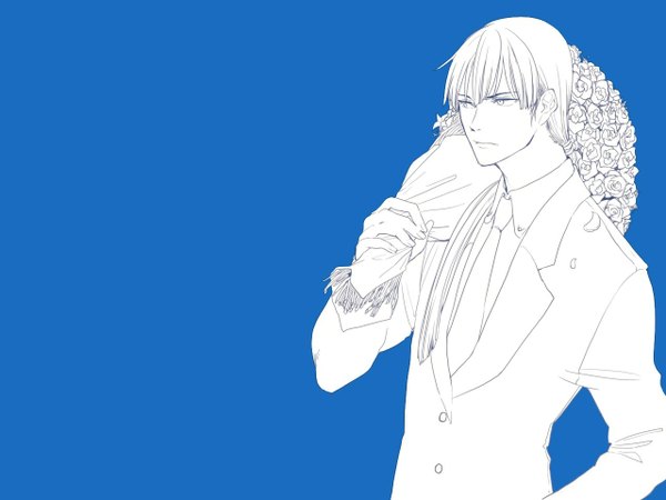 Anime picture 1280x960 with d.gray-man kanda yuu tagme (artist) single long hair simple background white hair ponytail monochrome blue background white eyes boy flower (flowers) shirt necktie suit bouquet