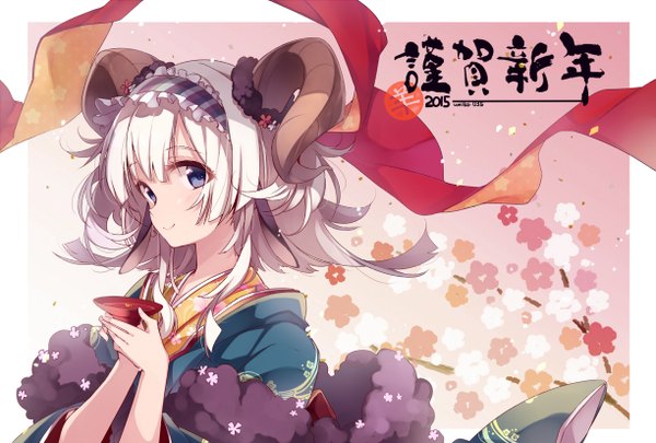 Anime picture 1223x826 with original umiko (munemiu) single looking at viewer short hair blue eyes smile white hair traditional clothes japanese clothes horn (horns) cherry blossoms close-up new year nengajou plum blossoms 2015 girl flower (flowers) ribbon (ribbons)