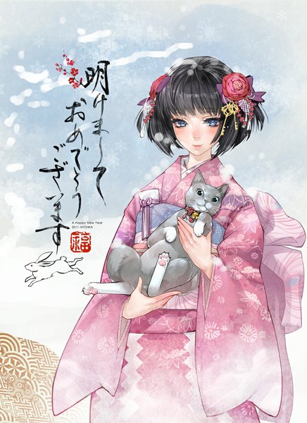 Anime picture 800x1100 with original koneko kosodate chuu single tall image looking at viewer blush short hair blue eyes black hair traditional clothes japanese clothes hair flower wide sleeves hieroglyph girl hair ornament flower (flowers) animal obi bell