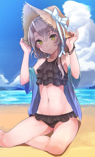 Anime picture 800x1313 with kantai collection nowaki (kantai collection) konnyaku (kk-monmon) single long hair tall image looking at viewer blush light erotic smile sitting green eyes sky silver hair cloud (clouds) bent knee (knees) shadow beach shiny skin sand