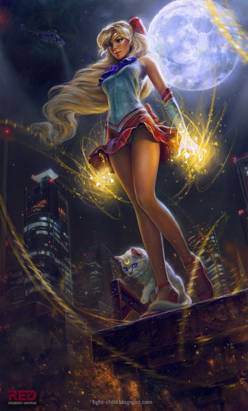 Anime picture 966x1600 with bishoujo senshi sailor moon toei animation aino minako sailor venus artemis (sailor moon) redreevgeorge tall image blue eyes light erotic blonde hair standing bare shoulders very long hair wind realistic night legs city looking down girl