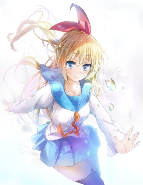 Anime picture 1000x1289 with nisekoi shaft (studio) kirisaki chitoge wingheart single long hair tall image looking at viewer blush blue eyes blonde hair smile white background ponytail girl thighhighs bow black thighhighs hair bow