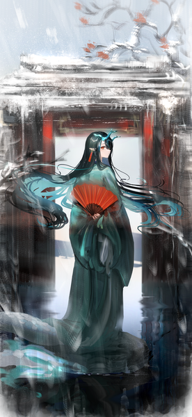 Anime picture 1886x4096 with arknights dusk (arknights) nanaponi single long hair tall image fringe highres black hair red eyes looking away profile looking back horn (horns) pointy ears from behind hair over one eye winter snow girl