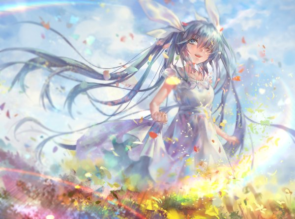 Anime picture 2149x1600 with vocaloid hatsune miku azomo single fringe highres open mouth smile hair between eyes twintails holding looking away cloud (clouds) outdoors very long hair one eye closed aqua eyes wink sunlight aqua hair