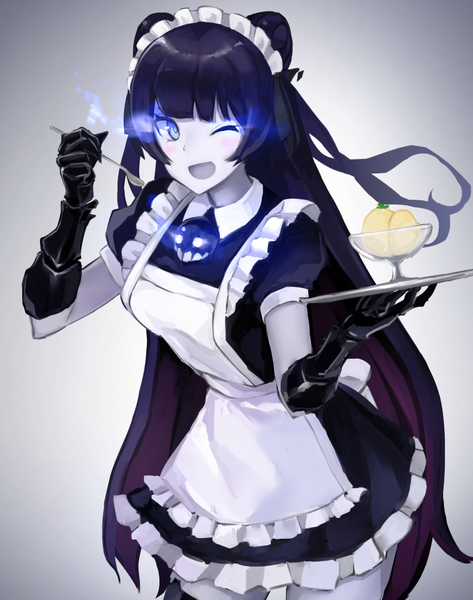 Anime picture 789x1000 with kantai collection light cruiser oni weasel (close-to-the-edge) single long hair tall image looking at viewer blush fringe open mouth blue eyes black hair simple background smile holding blunt bangs one eye closed wink grey background short sleeves