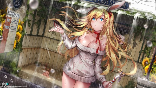 Anime picture 1920x1080 with original kyjsogom single long hair blush fringe highres breasts light erotic blonde hair hair between eyes wide image large breasts standing bare shoulders holding signed animal ears cleavage hair flower