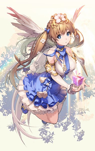 Anime picture 537x850 with million arthur (series) kaku-san-sei million arthur original square enix chunhyang kkuem tall image looking at viewer fringe breasts open mouth blue eyes brown hair large breasts white background twintails bent knee (knees) braid (braids) very long hair traditional clothes
