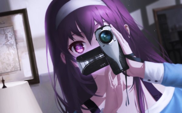 Anime picture 1920x1200 with saenai heroine no sodatekata a-1 pictures kasumigaoka utaha yijian ma single long hair looking at viewer fringe highres purple eyes holding purple hair indoors shadow covering covering face girl hairband lamp wall