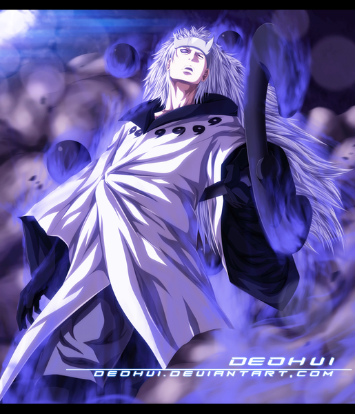 Anime picture 1616x1883 with naruto studio pierrot naruto (series) uchiha madara deohvi single long hair tall image open mouth purple eyes purple hair one eye closed wink night night sky coloring magic light letterboxed smoke